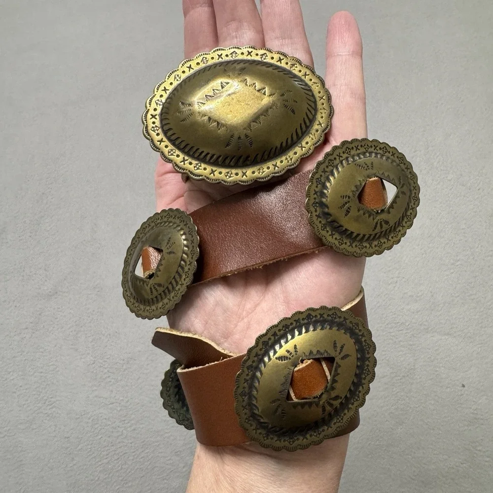 Concho Belt Womens 28 Brown Leather Brass Western Boho Festival Rodeo